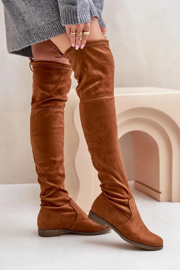 Boto Muszkieterki|Kozaki Za Kolano*Kozaki Na Płaskim Obcasie Za Kolano Z Eko Zamszu Camel Linnithia Brązowy