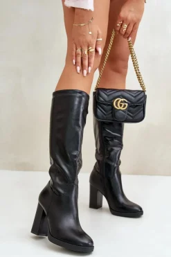 Hot Boto Kozaki Na Słupku Eko Skórzane Przed Kolano Czarne Riamaya