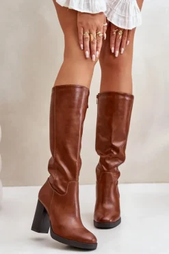 Damskie Boto Kozaki Na Słupku Eko Skórzane Przed Kolano Camel Riamaya