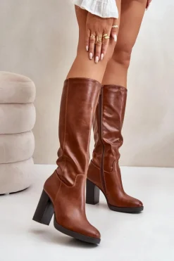 Damskie Boto Kozaki Na Słupku Eko Skórzane Przed Kolano Camel Riamaya