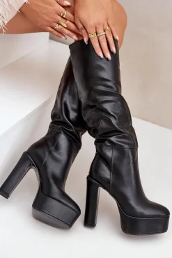 Boto Kozaki Ocieplane|Kozaki Na Słupku*Kozaki Na Słupku I Platformie Z Eko Skóry Czarne Felilorn Czarny