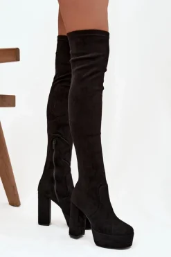 Boto Kozaki Ocieplane|Muszkieterki*Kozaki Na Słupku I Platformie Za Kolano Eko Zamszowe Czarne Amareen