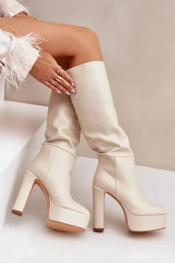 Boto Kozaki Ocieplane|Kozaki Na Słupku*Kozaki Na Słupku I Platformie Z Eko Skóry Jasnobeżowe Felilorn Beżowy