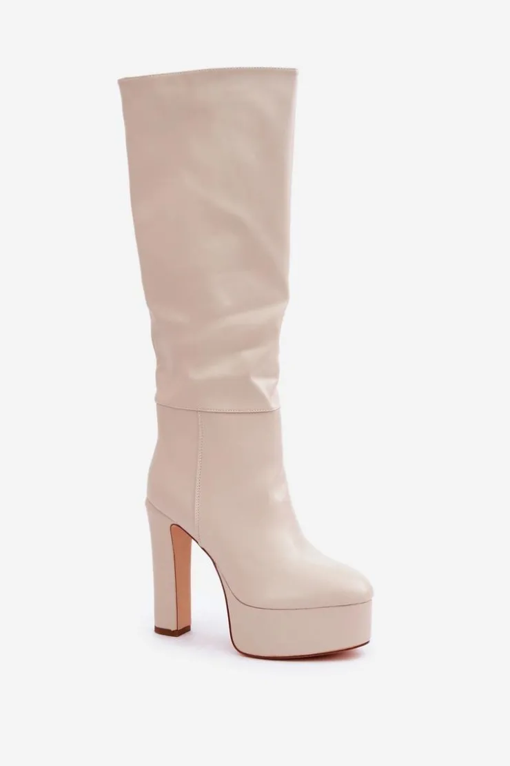 Boto Kozaki Ocieplane|Kozaki Na Słupku*Kozaki Na Słupku I Platformie Z Eko Skóry Jasnobeżowe Felilorn Beżowy