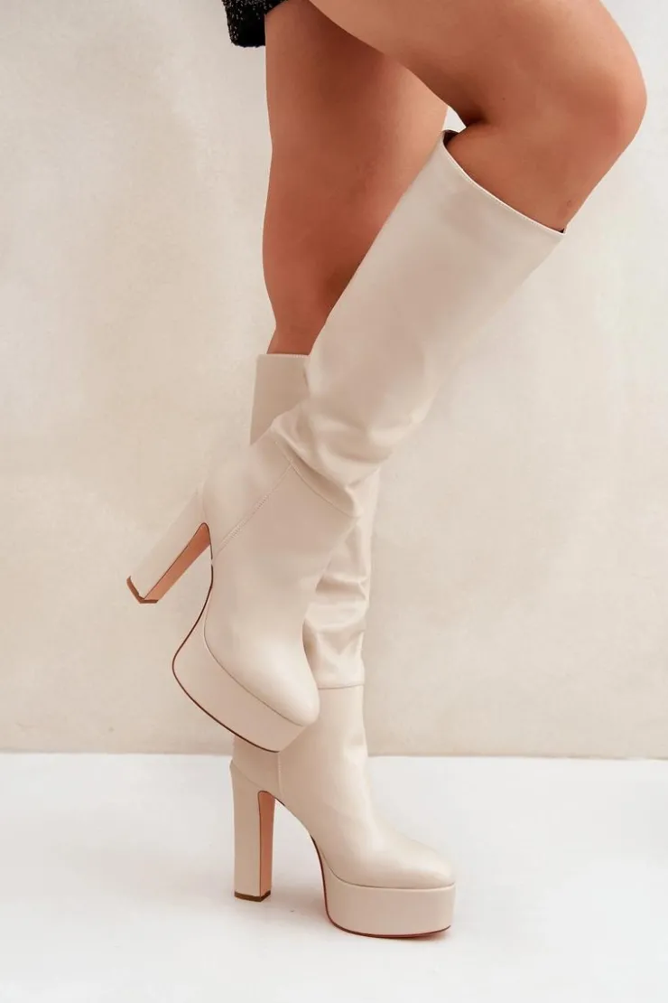 Boto Kozaki Ocieplane|Kozaki Na Słupku*Kozaki Na Słupku I Platformie Z Eko Skóry Jasnobeżowe Felilorn Beżowy