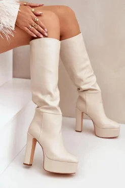 Boto Kozaki Ocieplane|Kozaki Na Słupku*Kozaki Na Słupku I Platformie Z Eko Skóry Jasnobeżowe Felilorn Beżowy