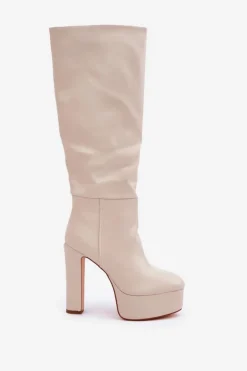 Boto Kozaki Ocieplane|Kozaki Na Słupku*Kozaki Na Słupku I Platformie Z Eko Skóry Jasnobeżowe Felilorn Beżowy