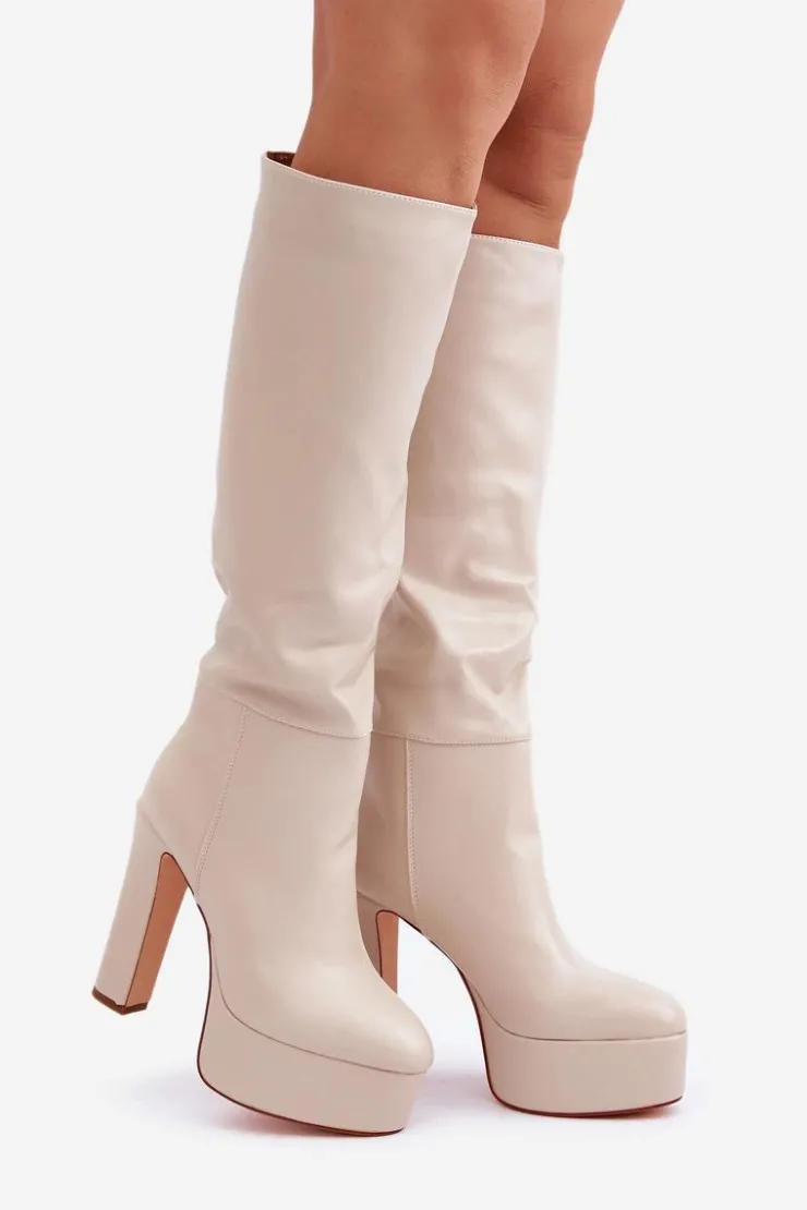 Boto Kozaki Ocieplane|Kozaki Na Słupku*Kozaki Na Słupku I Platformie Z Eko Skóry Jasnobeżowe Felilorn Beżowy