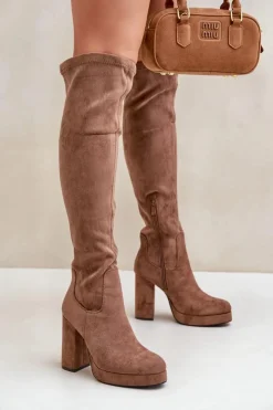 Damskie Boto Kozaki Na Słupku I Platformie Z Cholewką Za Kolano Eko Zamszowe Ciemnobeżowe Zistaria