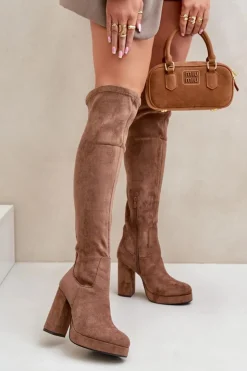 Damskie Boto Kozaki Na Słupku I Platformie Z Cholewką Za Kolano Eko Zamszowe Ciemnobeżowe Zistaria