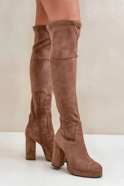 Damskie Boto Kozaki Na Słupku I Platformie Z Cholewką Za Kolano Eko Zamszowe Ciemnobeżowe Zistaria