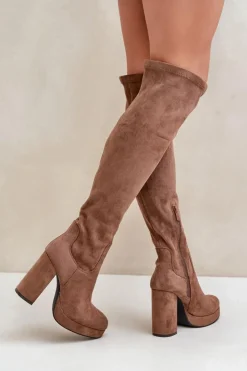 Damskie Boto Kozaki Na Słupku I Platformie Z Cholewką Za Kolano Eko Zamszowe Ciemnobeżowe Zistaria