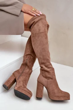 Damskie Boto Kozaki Na Słupku I Platformie Z Cholewką Za Kolano Eko Zamszowe Ciemnobeżowe Zistaria