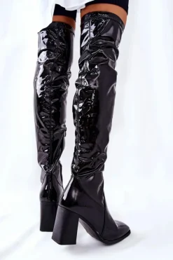 Damskie Boto Kozaki Na Słupku Lateksowe Czarne Macey