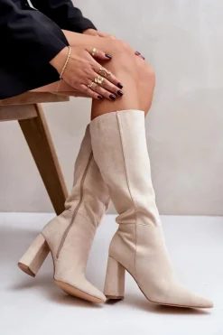 Clearance Boto Kozaki Na Słupku Przed Kolano Jasnobeżowe Lannetea