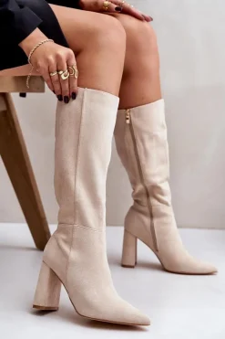 Clearance Boto Kozaki Na Słupku Przed Kolano Jasnobeżowe Lannetea