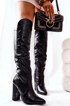 Damskie Boto Kozaki Na Słupku Wężowy Wzór Czarne Renesa