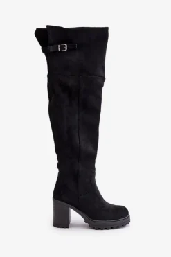 Damskie Boto Kozaki Na Słupku Z Cholewką Za Kolano Ocieplane Czarne Niaviera