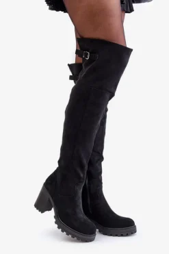 Damskie Boto Kozaki Na Słupku Z Cholewką Za Kolano Ocieplane Czarne Niaviera