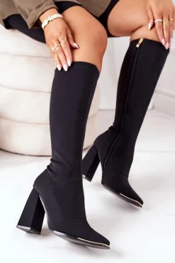 Boto Kozaki Wiosenne|Kozaki Na Obcasie*Kozaki Na Słupku Z Elastycznej Tkaniny Czarne Effect Wow