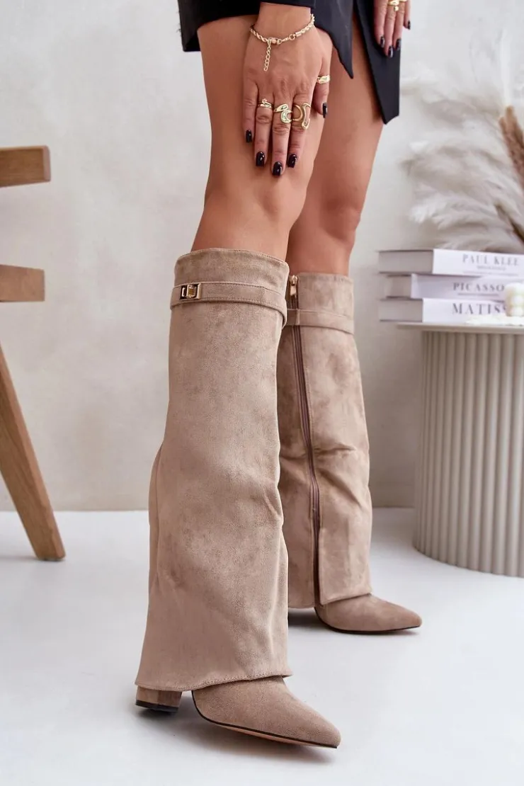 Boto Kozaki Ocieplane|Kozaki Na Słupku*Kozaki Na Słupku Z Wywiniętą Cholewką Beżowe Evyra Beżowy