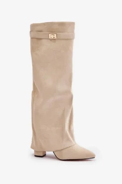 Sale Boto Kozaki Na Słupku Z Wywiniętą Cholewką Ocieplane Jasnobeżowe Urelli