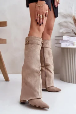 Damskie Boto Kozaki Na Słupku Z Wywiniętą Cholewką Ocieplane Beżowe Urelli