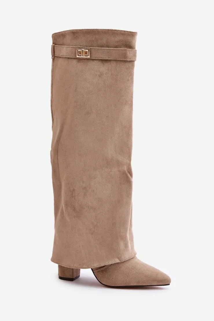Damskie Boto Kozaki Na Słupku Z Wywiniętą Cholewką Ocieplane Beżowe Urelli