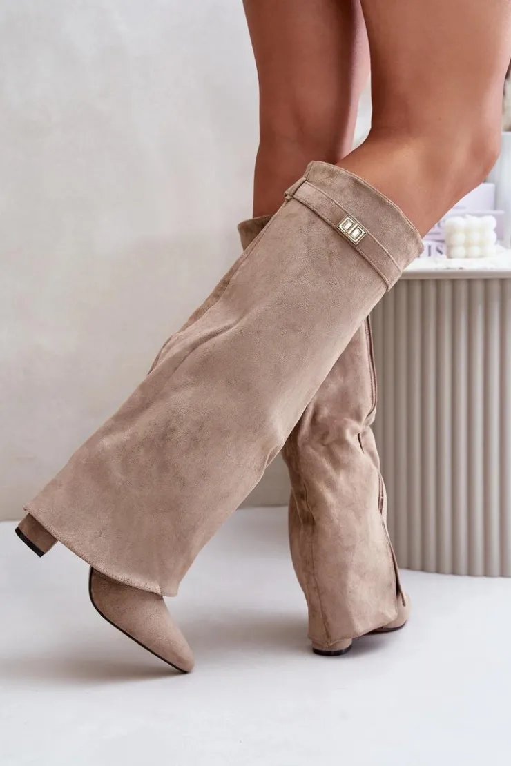 Damskie Boto Kozaki Na Słupku Z Wywiniętą Cholewką Ocieplane Beżowe Urelli