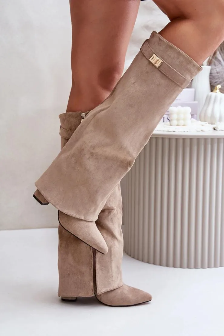 Damskie Boto Kozaki Na Słupku Z Wywiniętą Cholewką Ocieplane Beżowe Urelli