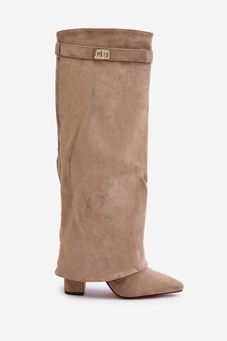 Damskie Boto Kozaki Na Słupku Z Wywiniętą Cholewką Ocieplane Beżowe Urelli