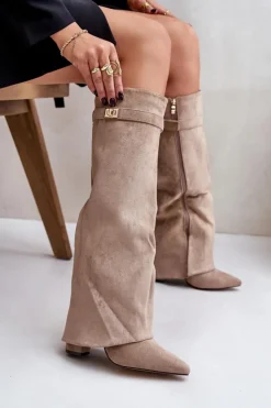Damskie Boto Kozaki Na Słupku Z Wywiniętą Cholewką Ocieplane Beżowe Urelli