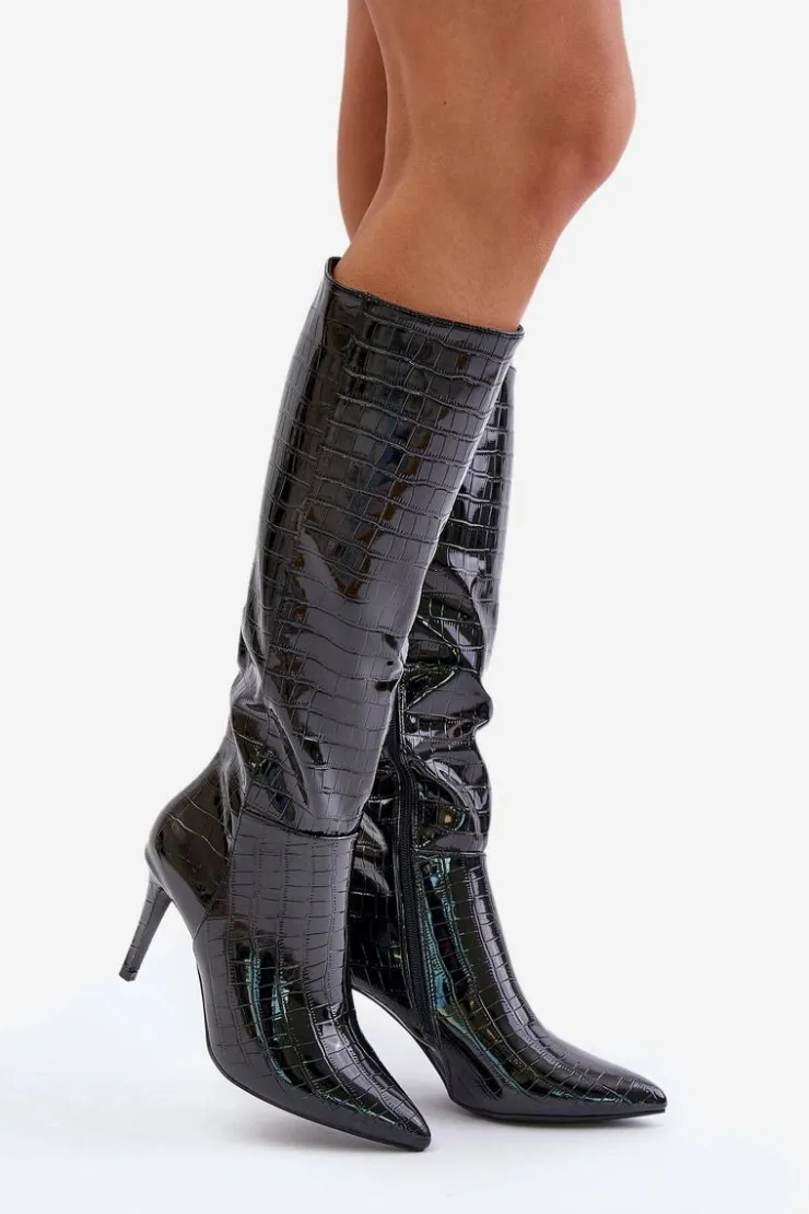 Boto Kozaki Na Szpilce|Kozaki Przed Kolano*Kozaki Na Szpilce Z Tłoczeniem Czarne Reanwenna Czarny