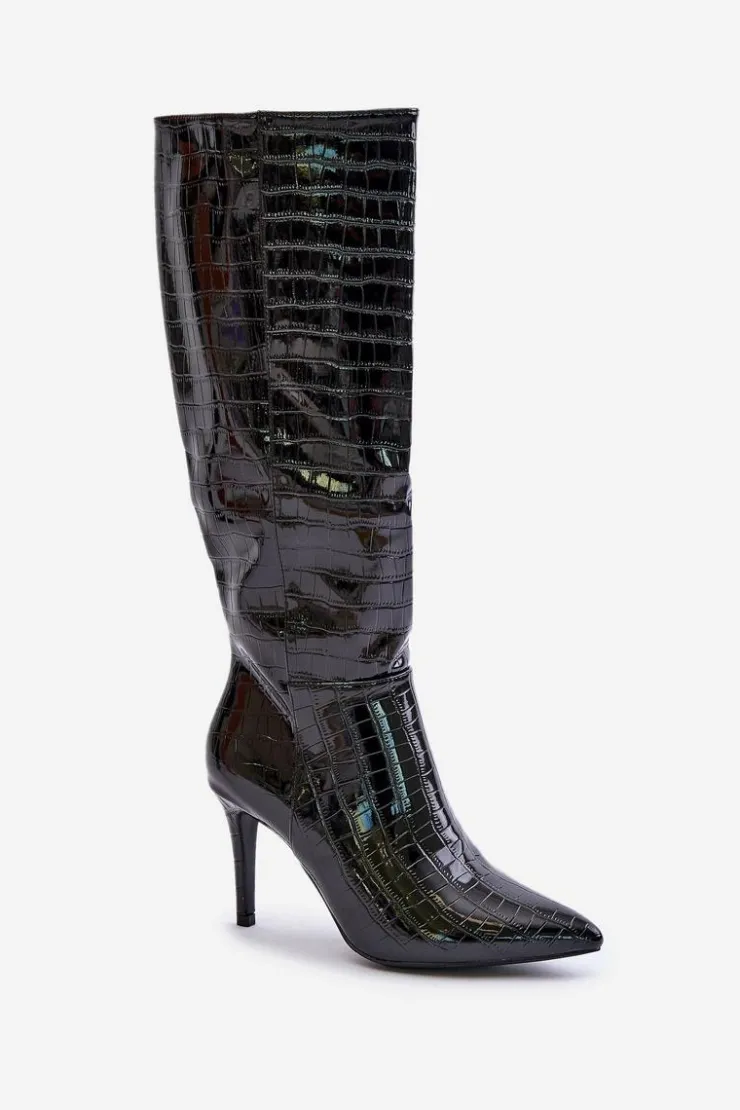 Boto Kozaki Na Szpilce|Kozaki Przed Kolano*Kozaki Na Szpilce Z Tłoczeniem Czarne Reanwenna Czarny