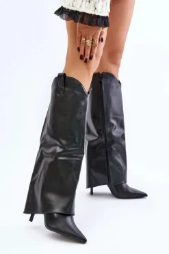 Damskie Boto Kozaki Na Szpilce Z Wywiniętą Cholewką Czarne Bellinna