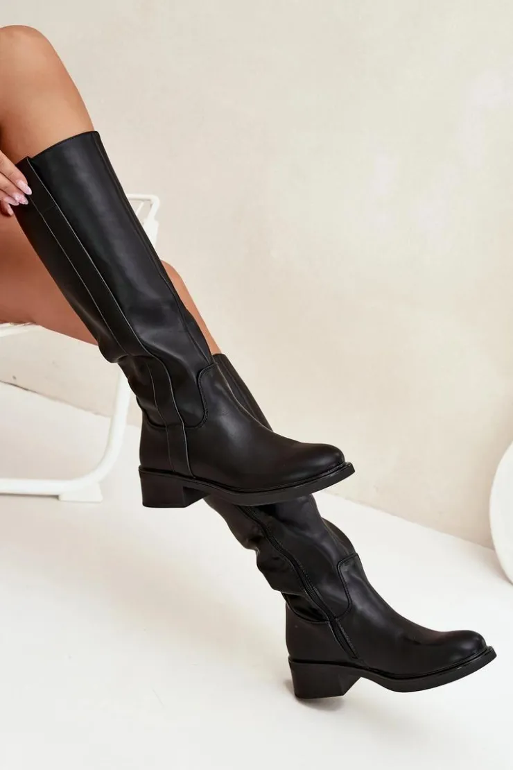 Sale Boto Kozaki Oficerki Damskie Na Niskim Obcasie Ocieplane Czarne Averna Czarny