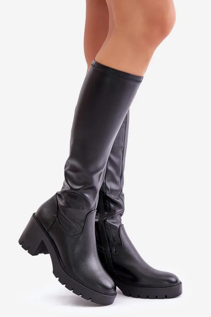 Damskie Buty damskie Vinceza Kozaki Przed Kolano Eko Skórzane Na Słupku Vinceza 58332 Czarne