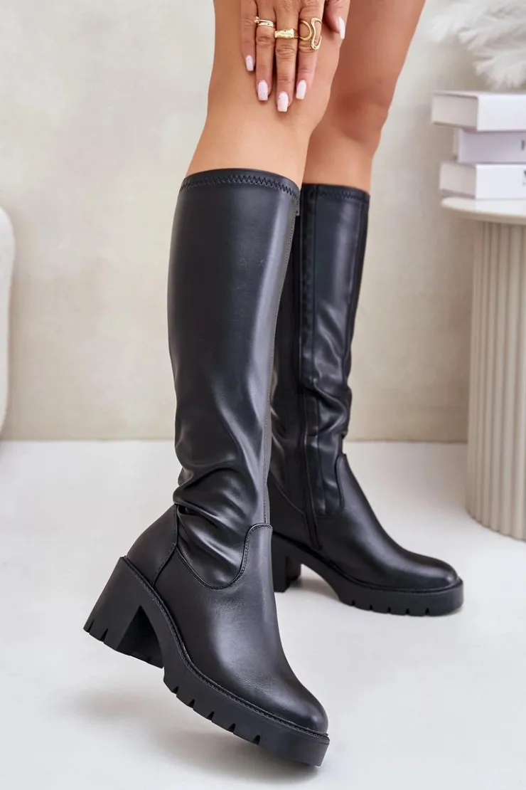 Damskie Buty damskie Vinceza Kozaki Przed Kolano Eko Skórzane Na Słupku Vinceza 58332 Czarne