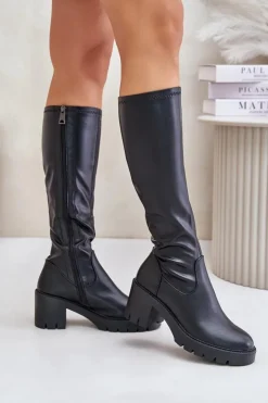 Damskie Buty damskie Vinceza Kozaki Przed Kolano Eko Skórzane Na Słupku Vinceza 58332 Czarne