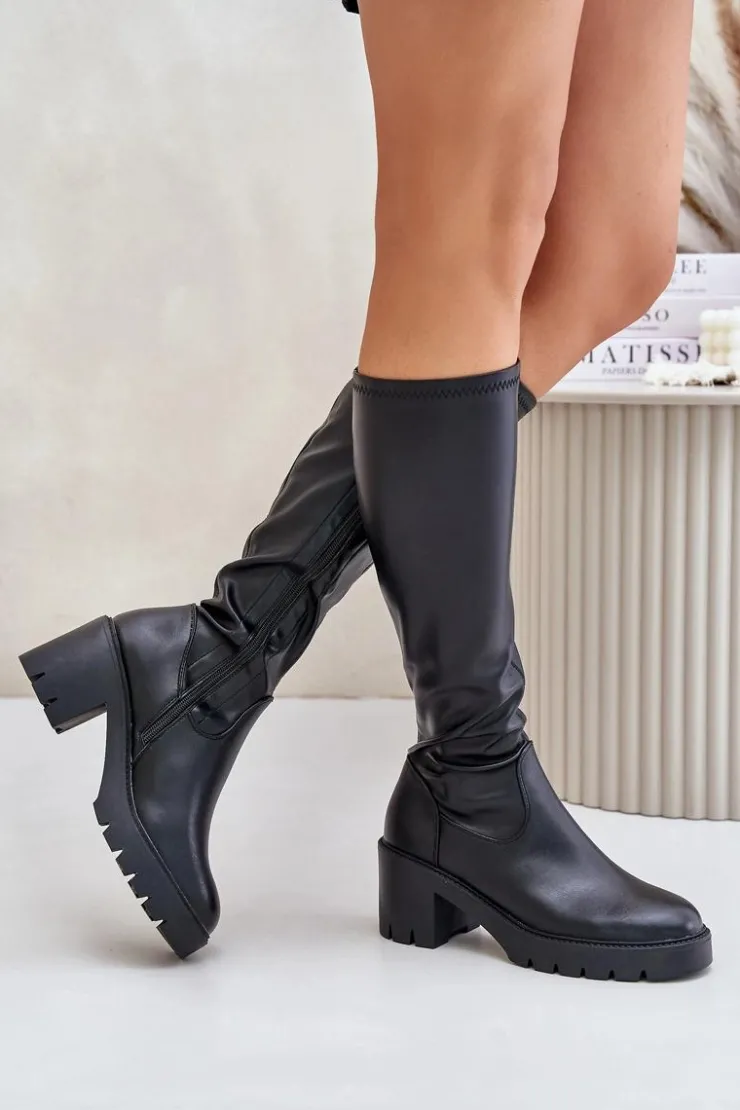 Damskie Buty damskie Vinceza Kozaki Przed Kolano Eko Skórzane Na Słupku Vinceza 58332 Czarne