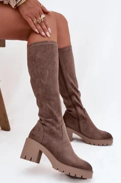 Best Buty damskie Vinceza Kozaki Przed Kolano Eko Zamszowe Na Słupku Vinceza 58332 Ciemnobeżowe Beżowy