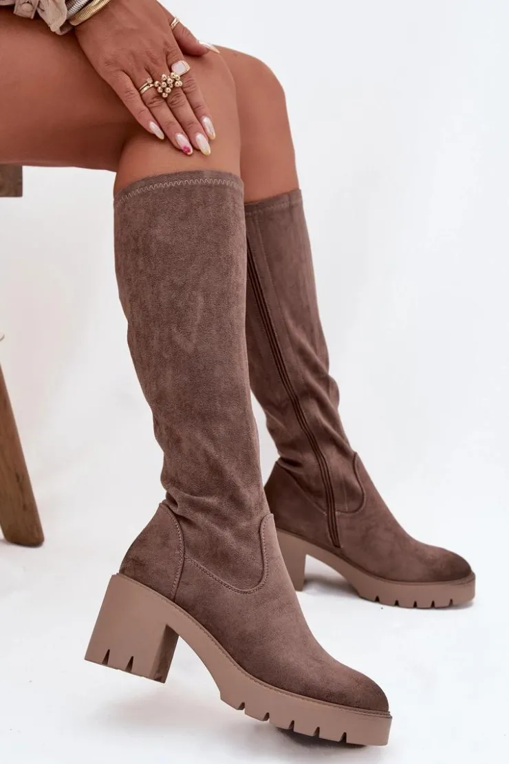 Best Buty damskie Vinceza Kozaki Przed Kolano Eko Zamszowe Na Słupku Vinceza 58332 Ciemnobeżowe Beżowy