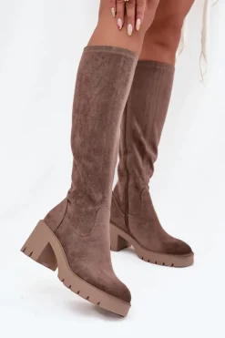 Best Buty damskie Vinceza Kozaki Przed Kolano Eko Zamszowe Na Słupku Vinceza 58332 Ciemnobeżowe Beżowy