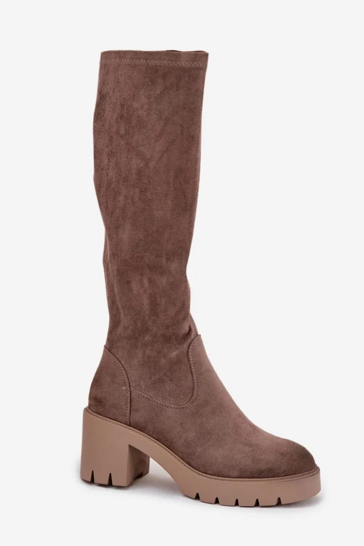 Best Buty damskie Vinceza Kozaki Przed Kolano Eko Zamszowe Na Słupku Vinceza 58332 Ciemnobeżowe Beżowy