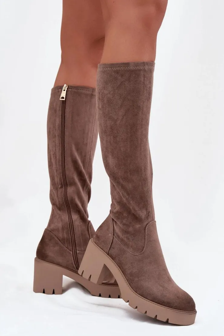 Best Buty damskie Vinceza Kozaki Przed Kolano Eko Zamszowe Na Słupku Vinceza 58332 Ciemnobeżowe Beżowy