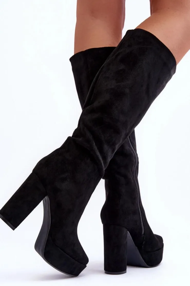 Sale Boto Kozaki Przed Kolano Na Obcasie I Platformie Czarne Baldrema