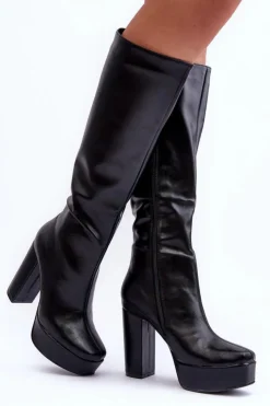 Damskie Boto Kozaki Przed Kolano Na Obcasie I Platformie Czarne Baldrema