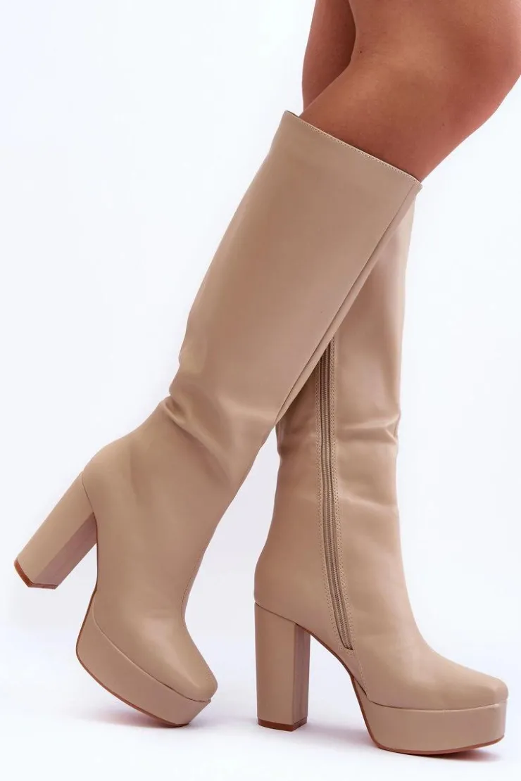 Boto Kozaki Przed Kolano Na Obcasie I Platformie Beżowe Baldrema Beżowy