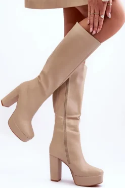 Boto Kozaki Przed Kolano Na Obcasie I Platformie Beżowe Baldrema Beżowy