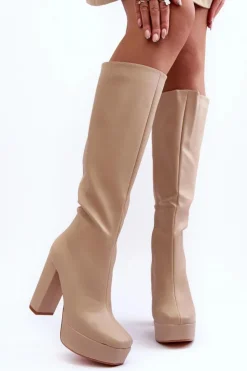 Boto Kozaki Przed Kolano Na Obcasie I Platformie Beżowe Baldrema Beżowy